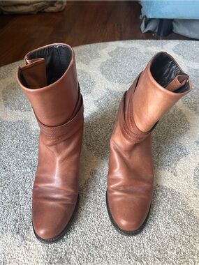 Stuart Weitzman Leather Ankle Boots Brown Wraparound Strap Block Heel